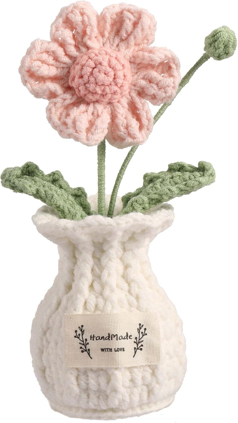 YOOJEE Christmas Crochet Flower Pot Thank You Crochet Gifts for Women Mom Teacher Friends Sister Coworker Handmade Knitted Daisy Pink Plant Birthday Wedding Home Holiday Cute Office Desk Decor - Image 1